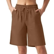 Women's Bermuda Shorts Lightweight Casual Summer Drawstring Stretch Shorts High Waisted Comfy Beach Vacation Short Pants with Pockets Brown M